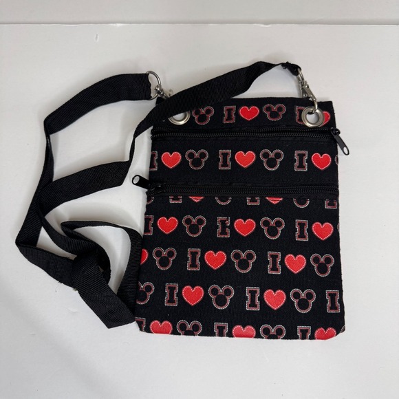 NWOT Disney Black Zip Crossbody Bag Mickey Mouse‎ I Love Heart Travel Purse - Picture 1 of 9